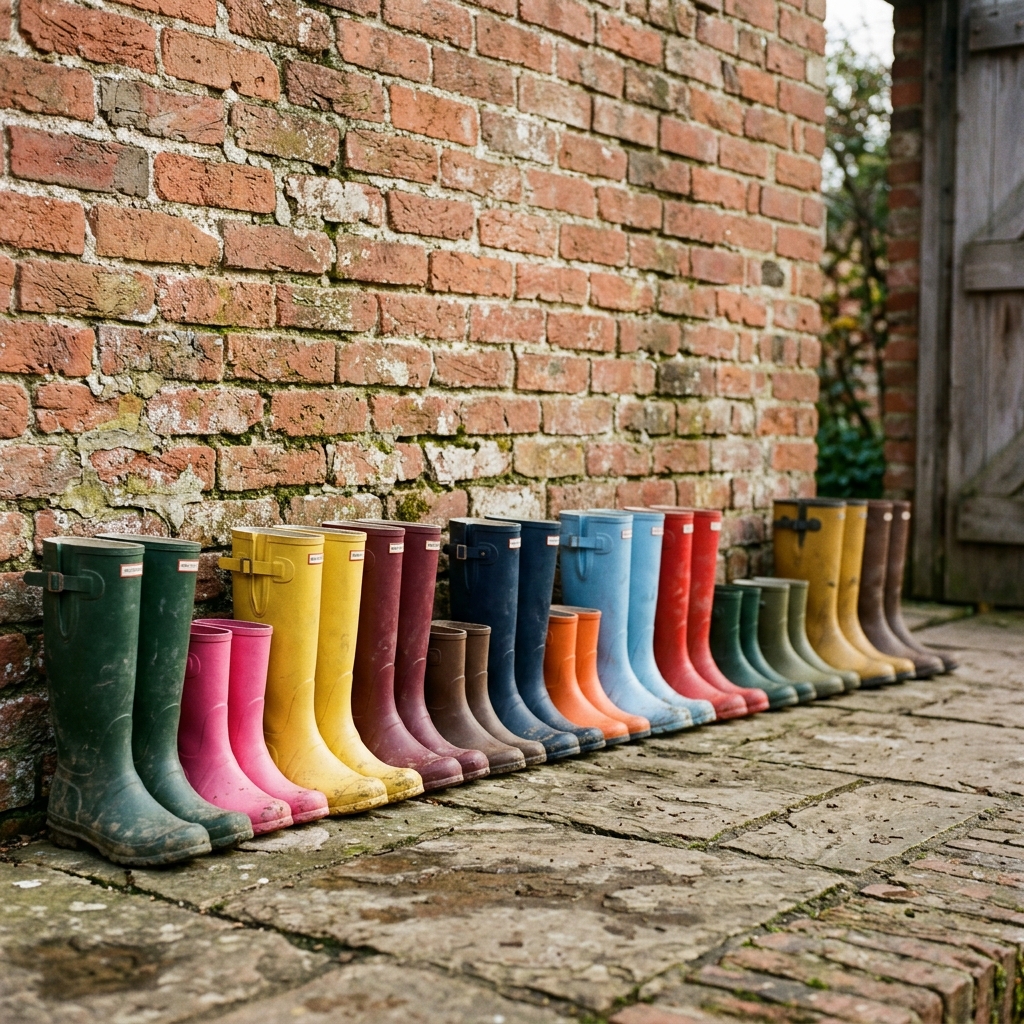 Colorful rain boots against brick wall